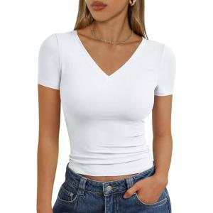 imageTrendy Queen Womens Basic V Neck Short Sleeve Spring T Shirts Slim Fit Crop Y2k Tee 2026 Summer Gym Workout Cute TopWhite