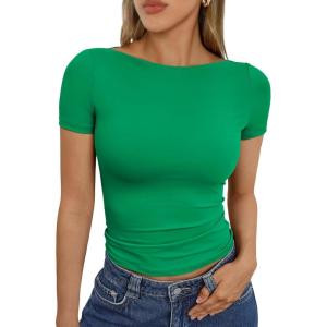 imageTrendy Queen Womens Boat Neck Short Sleeve TShirts Fitted Compression Summer Y2k Basic Tops 2026 Spring Outfits ClothesGreen