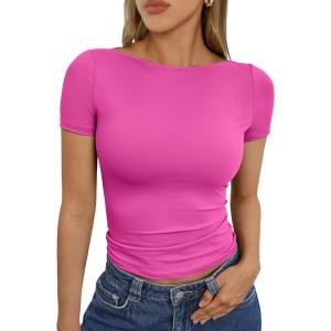 imageTrendy Queen Womens Boat Neck Short Sleeve TShirts Fitted Compression Summer Y2k Basic Tops 2026 Spring Outfits ClothesHot Pink