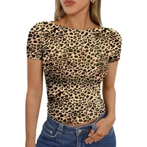 imageTrendy Queen Womens Boat Neck Short Sleeve TShirts Fitted Compression Summer Y2k Basic Tops 2026 Spring Outfits ClothesLeopard