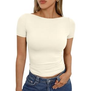 imageTrendy Queen Womens Boat Neck Short Sleeve TShirts Fitted Compression Summer Y2k Basic Tops 2026 Spring Outfits ClothesLightapricot
