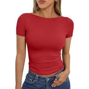 imageTrendy Queen Womens Boat Neck Short Sleeve TShirts Fitted Compression Summer Y2k Basic Tops 2026 Spring Outfits ClothesRed