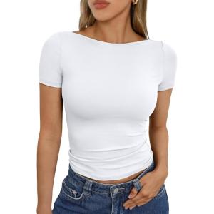 imageTrendy Queen Womens Boat Neck Short Sleeve TShirts Fitted Compression Summer Y2k Basic Tops 2026 Spring Outfits ClothesWhite