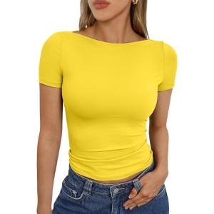 imageTrendy Queen Womens Boat Neck Short Sleeve TShirts Fitted Compression Summer Y2k Basic Tops 2026 Spring Outfits ClothesYellow