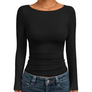 imageTrendy Queen Womens Boat Neck Tops Long Sleeve Shirts Casual Fitted Tee Shirts Solid Color Fall Basic Clothes 2026Black