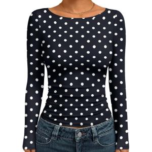 imageTrendy Queen Womens Boat Neck Tops Long Sleeve Shirts Casual Fitted Tee Shirts Solid Color Fall Basic Clothes 2026Black and White Dots