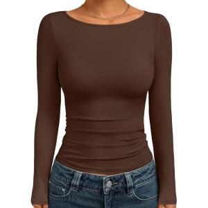 imageTrendy Queen Womens Boat Neck Tops Long Sleeve Shirts Casual Fitted Tee Shirts Solid Color Fall Basic Clothes 2026Chocolatebrown