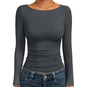 imageTrendy Queen Womens Boat Neck Tops Long Sleeve Shirts Casual Fitted Tee Shirts Solid Color Fall Basic Clothes 2026Gray