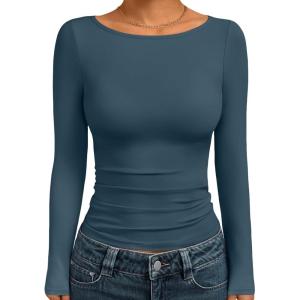 imageTrendy Queen Womens Boat Neck Tops Long Sleeve Shirts Casual Fitted Tee Shirts Solid Color Fall Basic Clothes 2026Hazeblue