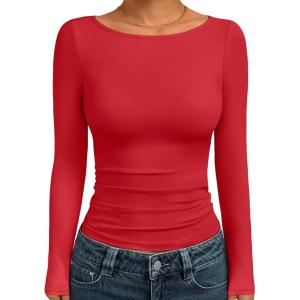 imageTrendy Queen Womens Boat Neck Tops Long Sleeve Shirts Casual Fitted Tee Shirts Solid Color Fall Basic Clothes 2026Red
