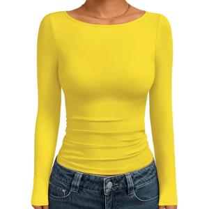 imageTrendy Queen Womens Boat Neck Tops Long Sleeve Shirts Casual Fitted Tee Shirts Solid Color Fall Basic Clothes 2026Yellow