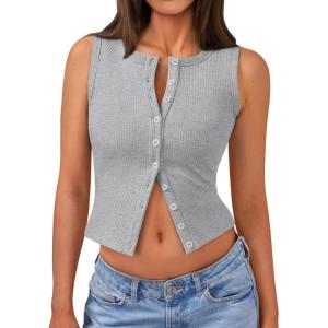 imageTrendy Queen Womens Going Out Tank Top Ribbed Button Down Sleeveless Vest Crop Spring Beach Vacation Summer TopsLight Grey