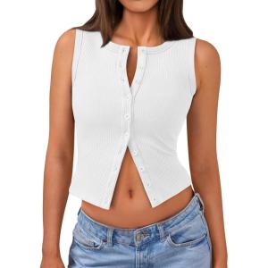 imageTrendy Queen Womens Going Out Tank Top Ribbed Button Down Sleeveless Vest Crop Spring Beach Vacation Summer TopsWhite