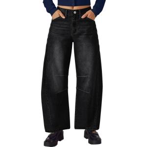 imageTrendy Queen Womens High Waisted Barrel Jeans  Wide Leg amp Curved Hem Denim Pants with Slant PocketsBlack