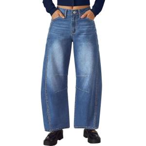imageTrendy Queen Womens High Waisted Barrel Jeans  Wide Leg amp Curved Hem Denim Pants with Slant PocketsBlue