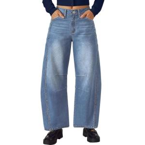 imageTrendy Queen Womens High Waisted Barrel Jeans  Wide Leg amp Curved Hem Denim Pants with Slant PocketsIceland Blue