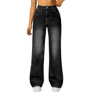 imageTrendy Queen Womens High Waisted Straight Wide Leg Jeans Comfort Stretch Baggy Denim PantsBlack