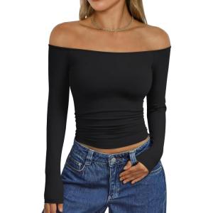 imageTrendy Queen Womens Long Sleeve Off The Shoulder Tops Going Out Cute Basic Y2K Fall Fashion 2026 Outfits ClothesBlack
