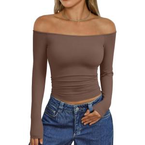 imageTrendy Queen Womens Long Sleeve Off The Shoulder Tops Going Out Cute Basic Y2K Fall Fashion 2026 Outfits ClothesBrown