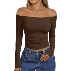 imageTrendy Queen Womens Long Sleeve Off The Shoulder Tops Going Out Cute Basic Y2K Fall Fashion 2026 Outfits ClothesChocolate