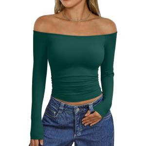 imageTrendy Queen Womens Long Sleeve Off The Shoulder Tops Going Out Cute Basic Y2K Fall Fashion 2026 Outfits ClothesGreen