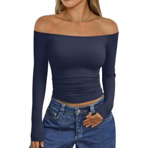 imageTrendy Queen Womens Long Sleeve Off The Shoulder Tops Going Out Cute Basic Y2K Fall Fashion 2026 Outfits ClothesNavy
