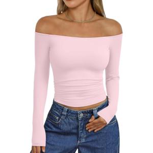 imageTrendy Queen Womens Long Sleeve Off The Shoulder Tops Going Out Cute Basic Y2K Fall Fashion 2026 Outfits ClothesPink