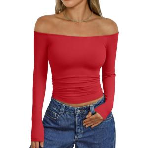 imageTrendy Queen Womens Long Sleeve Off The Shoulder Tops Going Out Cute Basic Y2K Fall Fashion 2026 Outfits ClothesRed