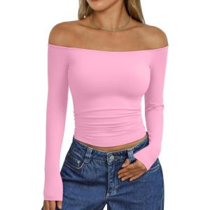 imageTrendy Queen Womens Long Sleeve Off The Shoulder Tops Going Out Cute Basic Y2K Fall Fashion 2026 Outfits ClothesRose Pink