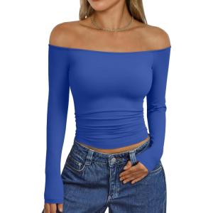 imageTrendy Queen Womens Long Sleeve Off The Shoulder Tops Going Out Cute Basic Y2K Fall Fashion 2026 Outfits ClothesRoyalblue