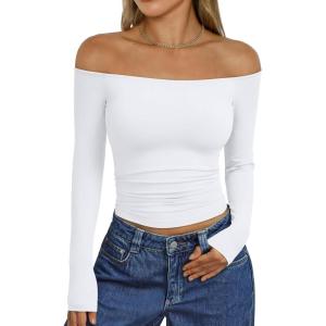 imageTrendy Queen Womens Long Sleeve Off The Shoulder Tops Going Out Cute Basic Y2K Fall Fashion 2026 Outfits ClothesWhite