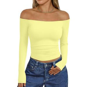 imageTrendy Queen Womens Long Sleeve Off The Shoulder Tops Going Out Cute Basic Y2K Fall Fashion 2026 Outfits ClothesYellow