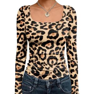 imageTrendy Queen Womens Long Sleeve Shirts Crop Tops Fall Fashion Solid Square Neck Going Out Basics Tees Y2k ClothesBlack Leopard