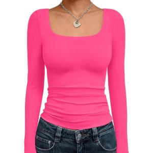 imageTrendy Queen Womens Long Sleeve Shirts Crop Tops Fall Fashion Solid Square Neck Going Out Basics Tees Y2k ClothesBright Pink