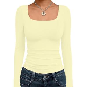 imageTrendy Queen Womens Long Sleeve Shirts Crop Tops Fall Fashion Solid Square Neck Going Out Basics Tees Y2k ClothesCreamy Yellow