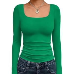 imageTrendy Queen Womens Long Sleeve Shirts Crop Tops Fall Fashion Solid Square Neck Going Out Basics Tees Y2k ClothesGreen