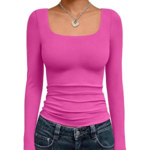 imageTrendy Queen Womens Long Sleeve Shirts Crop Tops Fall Fashion Solid Square Neck Going Out Basics Tees Y2k ClothesHot Pink