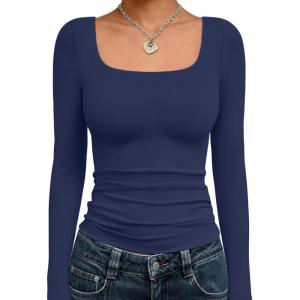 imageTrendy Queen Womens Long Sleeve Shirts Crop Tops Fall Fashion Solid Square Neck Going Out Basics Tees Y2k ClothesNavy Blue