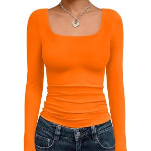imageTrendy Queen Womens Long Sleeve Shirts Crop Tops Fall Fashion Solid Square Neck Going Out Basics Tees Y2k ClothesOrange
