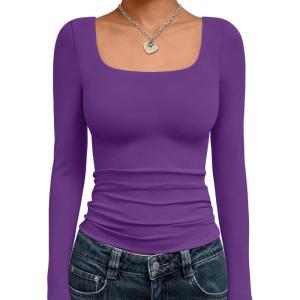 imageTrendy Queen Womens Long Sleeve Shirts Crop Tops Fall Fashion Solid Square Neck Going Out Basics Tees Y2k ClothesPurple