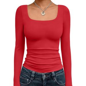 imageTrendy Queen Womens Long Sleeve Shirts Crop Tops Fall Fashion Solid Square Neck Going Out Basics Tees Y2k ClothesRed