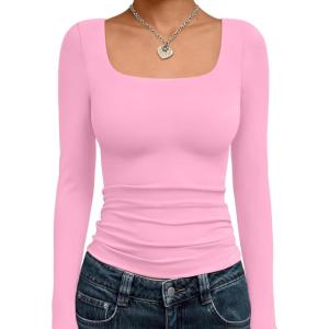 imageTrendy Queen Womens Long Sleeve Shirts Crop Tops Fall Fashion Solid Square Neck Going Out Basics Tees Y2k ClothesRose Pink