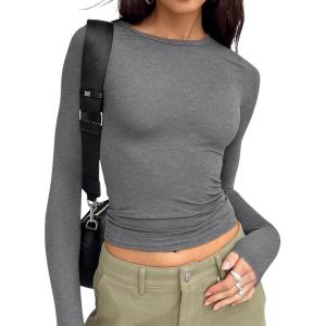 imageTrendy Queen Womens Long Sleeve T Shirts Fall Fashion 2026 Basic Crop Tops Going Out Outfits Y2k ClothesBlack Grey