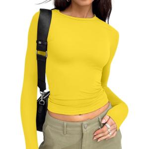 imageTrendy Queen Womens Long Sleeve T Shirts Fall Fashion 2026 Basic Crop Tops Going Out Outfits Y2k ClothesBright Yellow