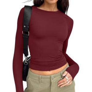 imageTrendy Queen Womens Long Sleeve T Shirts Fall Fashion 2026 Basic Crop Tops Going Out Outfits Y2k ClothesBurgundy