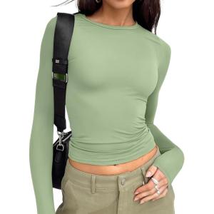 imageTrendy Queen Womens Long Sleeve T Shirts Fall Fashion 2026 Basic Crop Tops Going Out Outfits Y2k ClothesLight Green