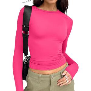 imageTrendy Queen Womens Long Sleeve T Shirts Fall Fashion 2026 Basic Crop Tops Going Out Outfits Y2k ClothesNeon Pink