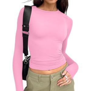 imageTrendy Queen Womens Long Sleeve T Shirts Fall Fashion 2026 Basic Crop Tops Going Out Outfits Y2k ClothesRose Pink