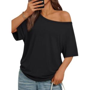 imageTrendy Queen Womens Off The Shoulder Tops Oversized Tshirts Casual Short Sleeve Basic Tees Cute Summer Fashion Clothes 2026Black