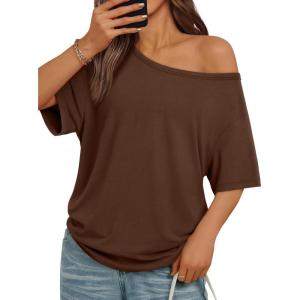 imageTrendy Queen Womens Off The Shoulder Tops Oversized Tshirts Casual Short Sleeve Basic Tees Cute Summer Fashion Clothes 2026Chocolate